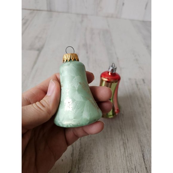 Vintage glass bell striped red green ornament Xmas set - Picture 10 of 14